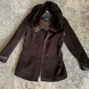 S Max Mara chocolate brown wool coat with real fur collar